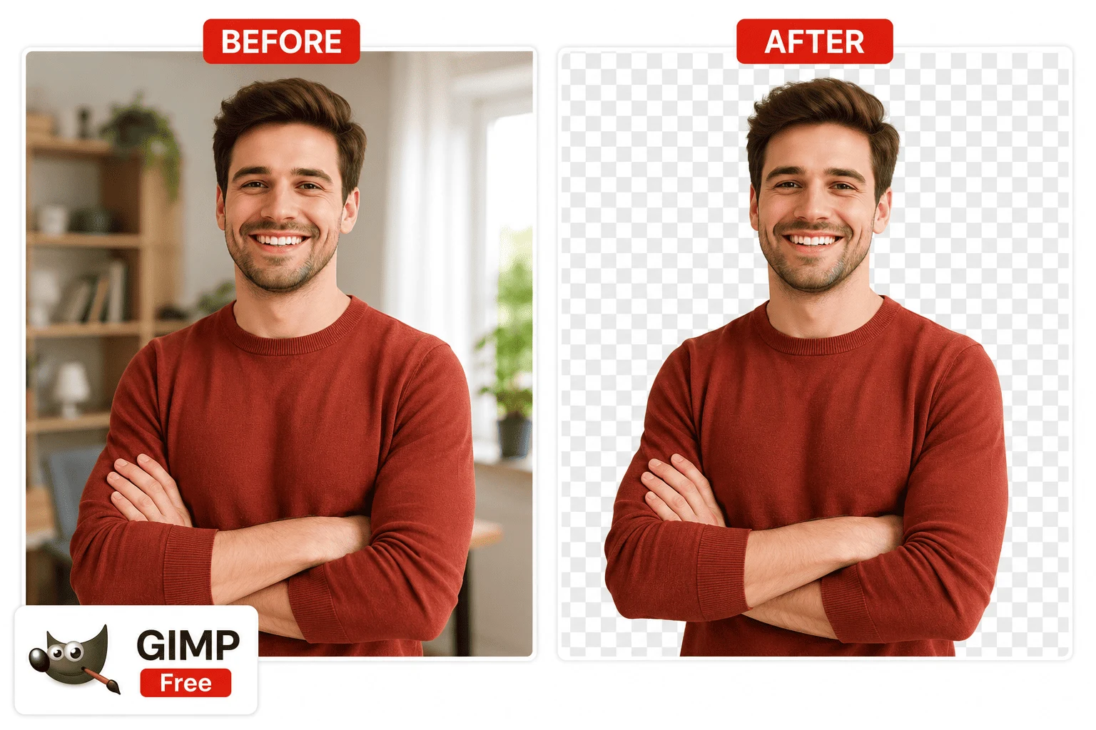 Before and after comparison of GIMP AI background removal showing a portrait with background removed for free