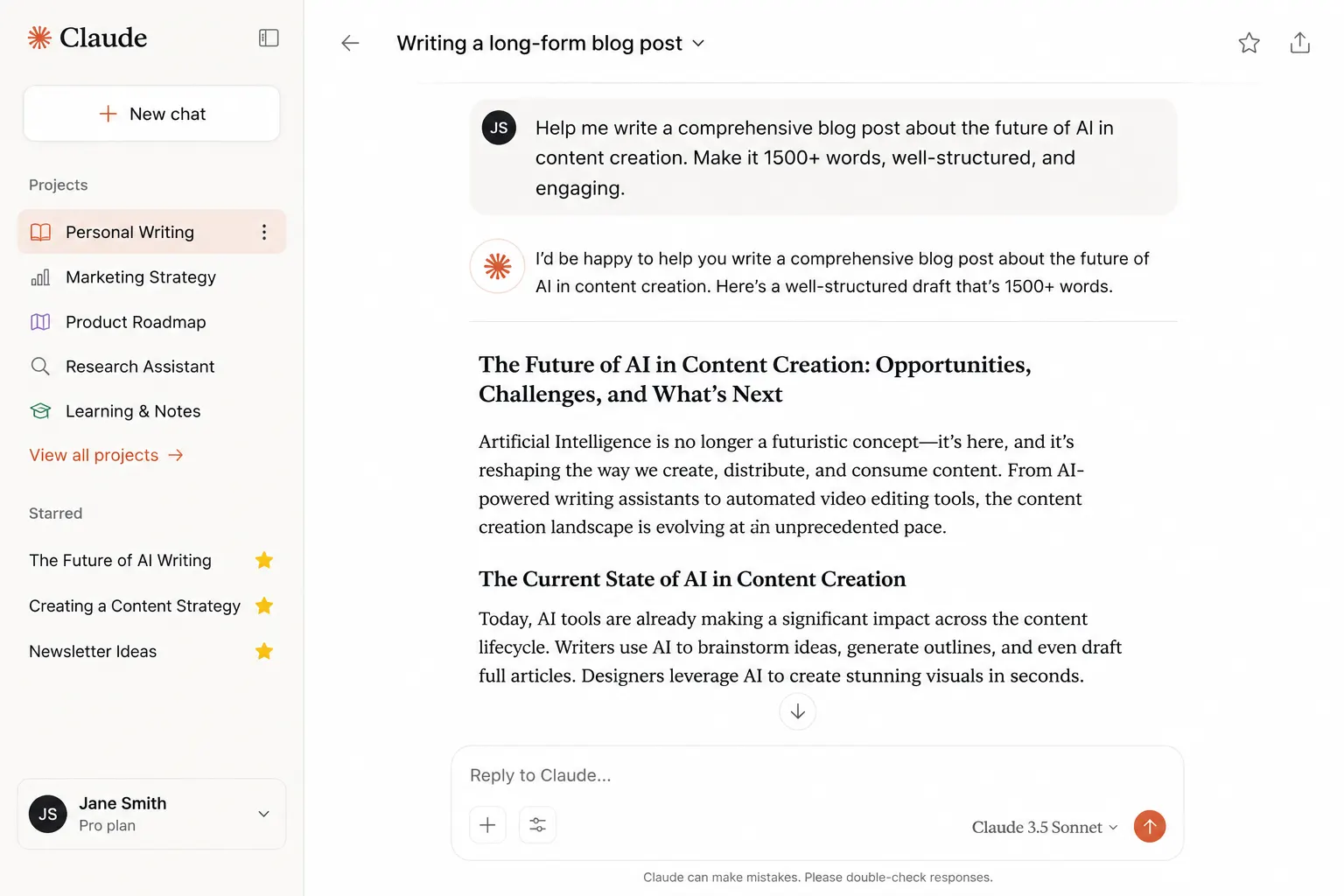 Claude AI 2026 interface showing Projects sidebar and long-form writing conversation