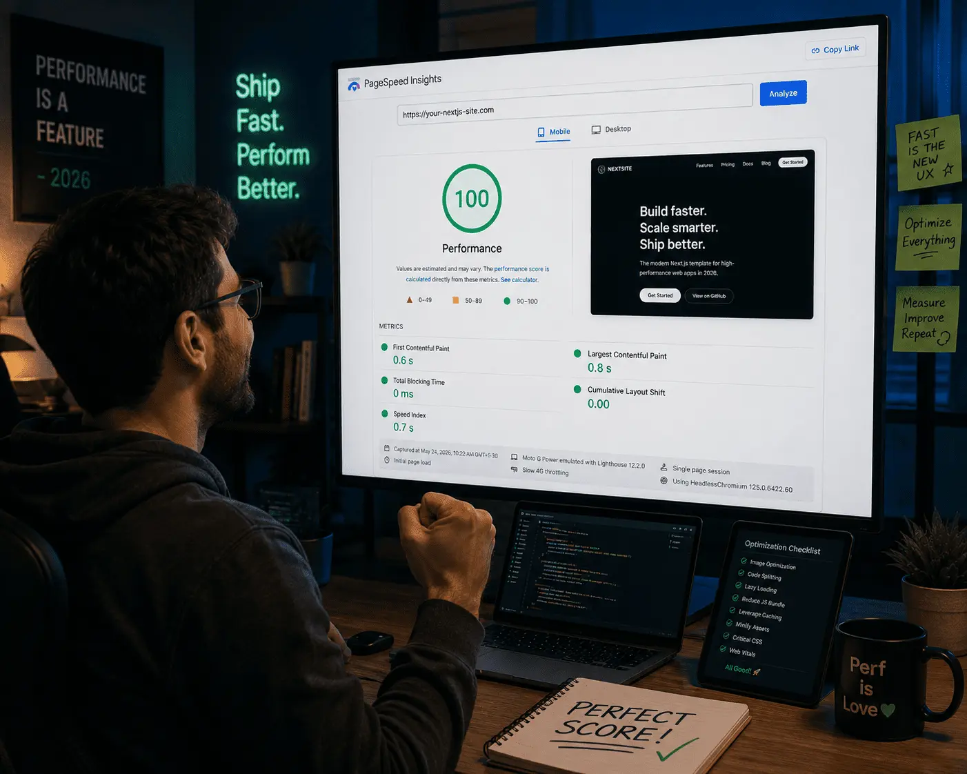 Developer achieving Next.js PageSpeed 100 score blog performance optimization
