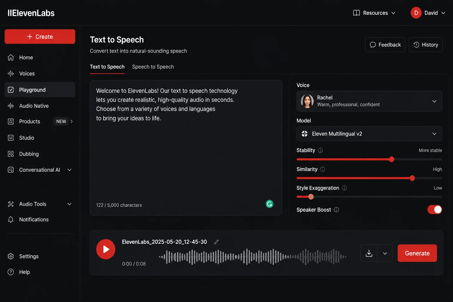 ElevenLabs 2026 text-to-speech interface showing voice selection and audio waveform output
