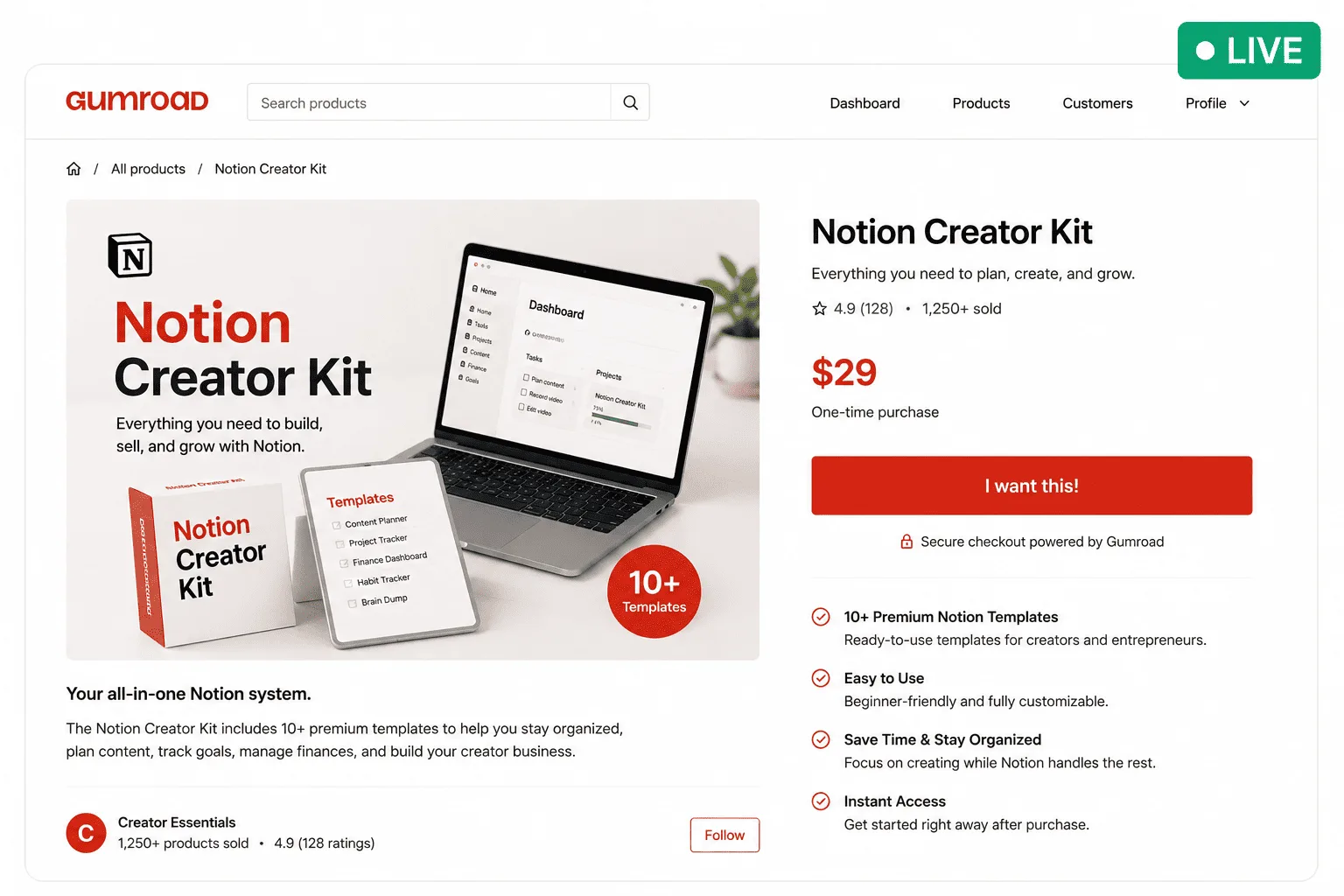 Example Gumroad product page showing a digital template listing with cover image, description, and buy button