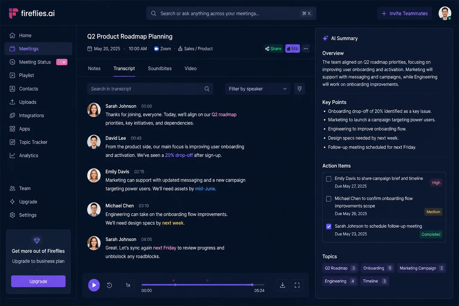 Fireflies.ai 2026 AI meeting summary showing timestamped speaker notes and action items
