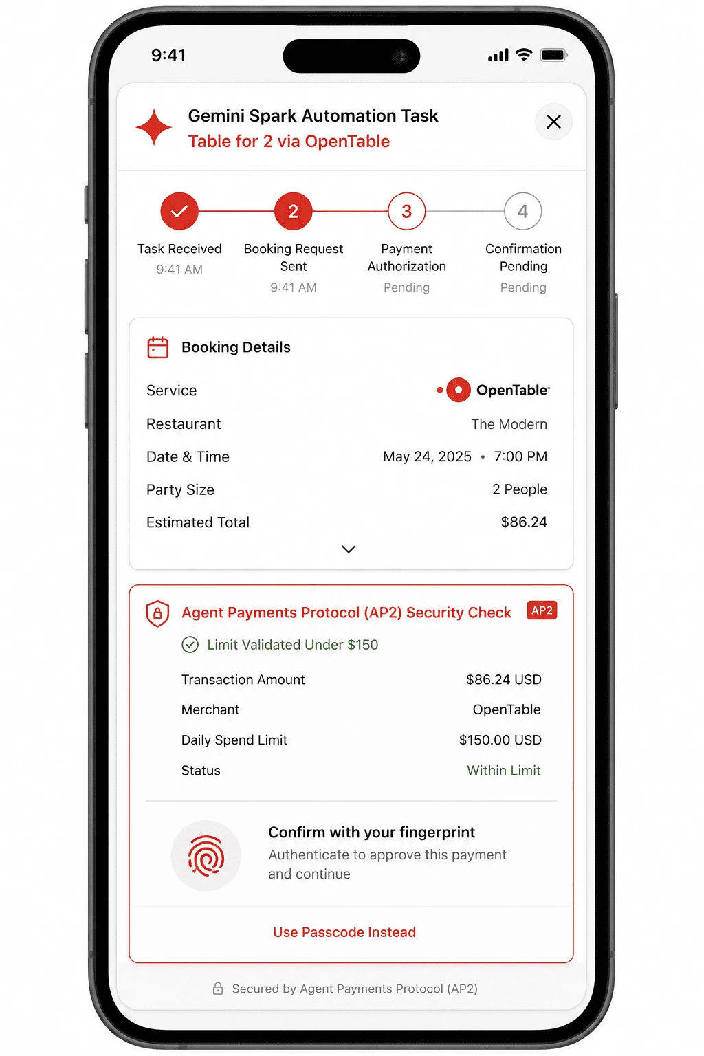 User interface mockup of the secure Agent Payments Protocol verification window confirming an autonomous transaction boundary