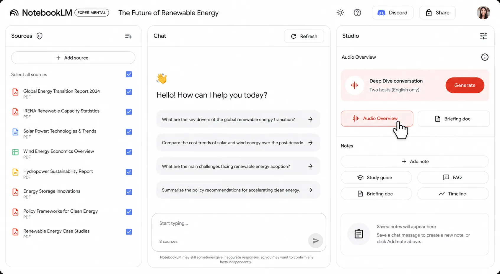 Google NotebookLM 2026 three-column interface with Sources, Chat, and Studio panels