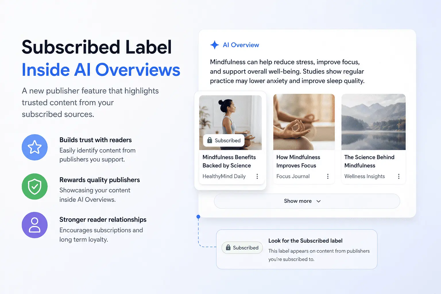 Google Subscribed label inside AI Overviews May 2026 publisher feature