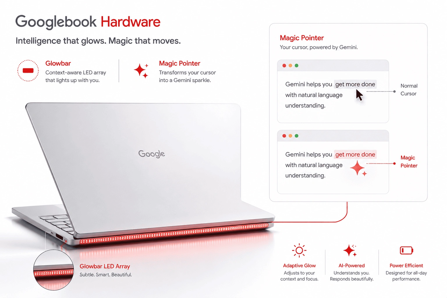 A sleek premium Googlebook laptop category mockup by Asus showing the physical AI Glowbar indicator and the DeepMind Magic Pointer cursor tool