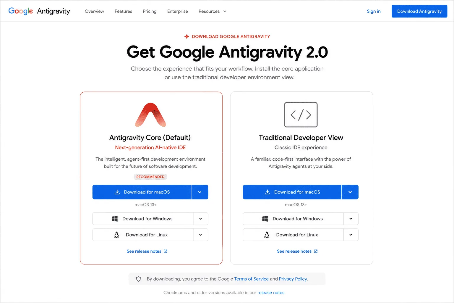 How to find the separate Google Antigravity IDE download installer on the official website