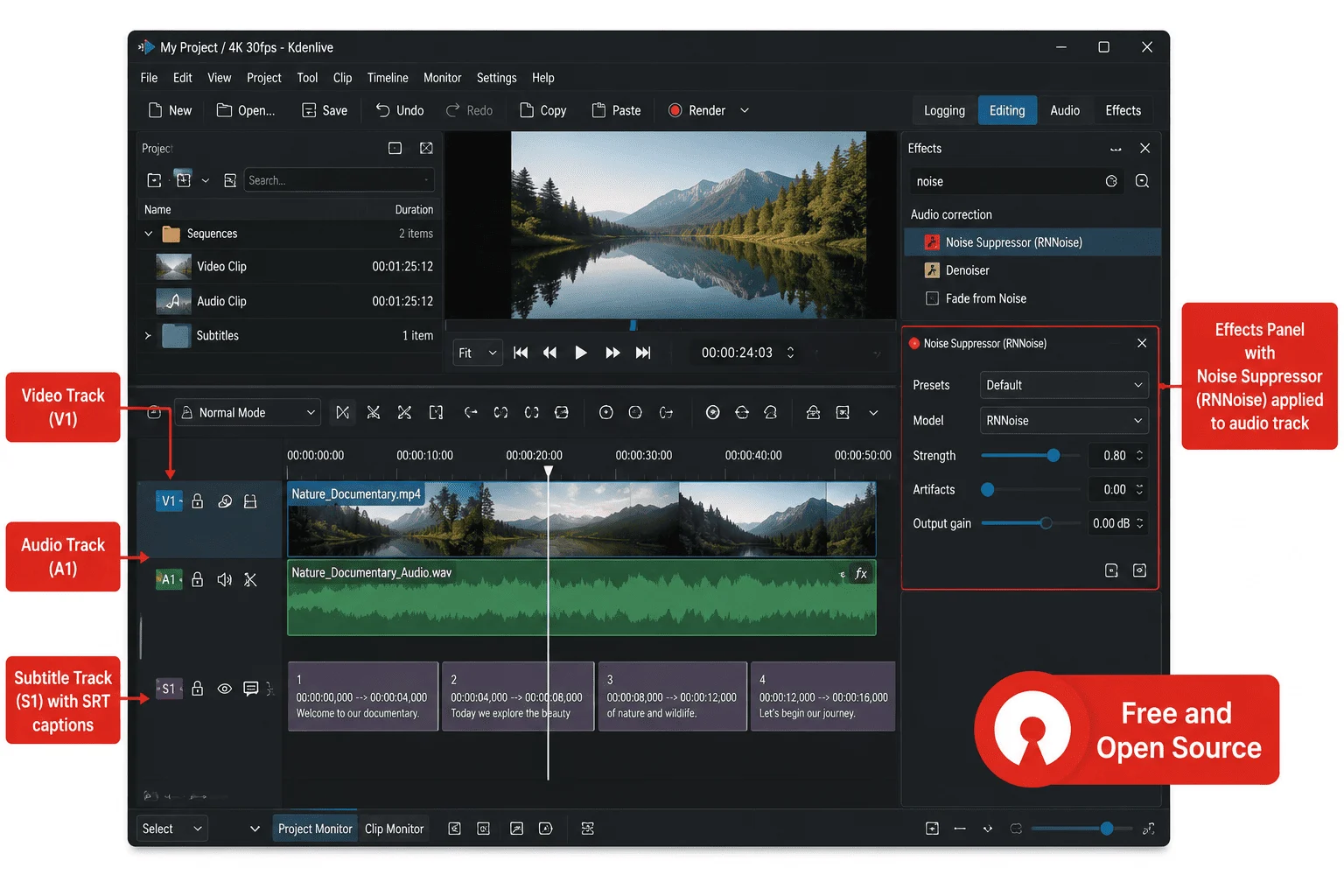 Kdenlive video editor timeline showing free AI captions from Whisper and RNNoise noise suppression applied to a video clip