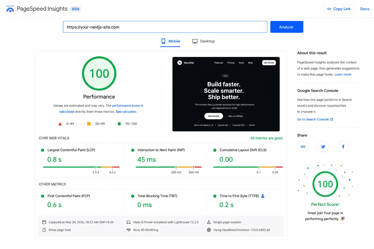 Next.js PageSpeed 100 score all Core Web Vitals green perfect result