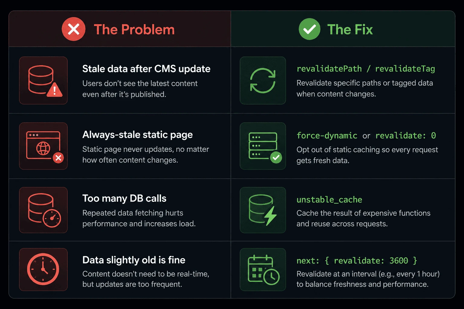Next.js cache problems and their corresponding fixes — comparison table