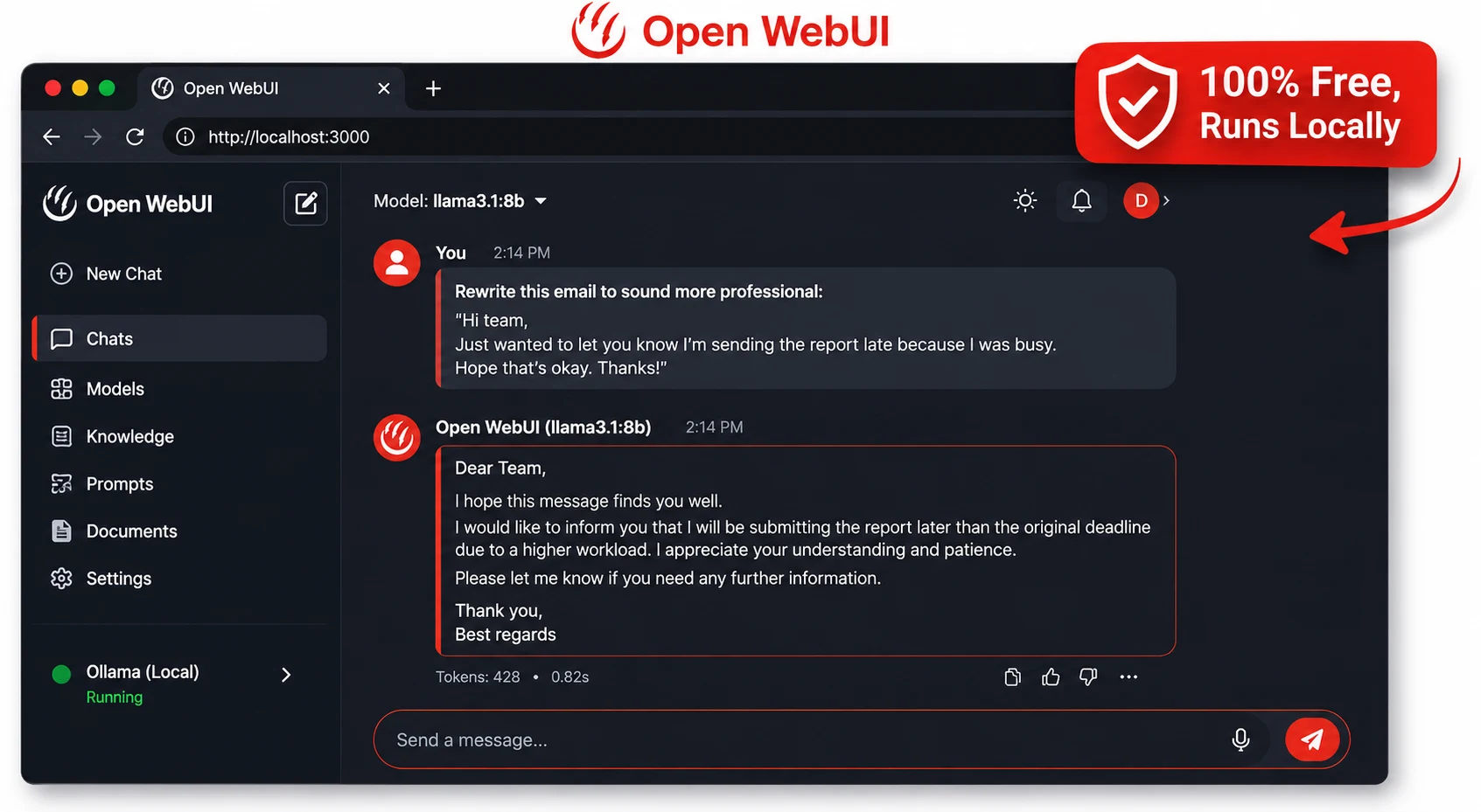 Open WebUI running locally at localhost 3000 showing a free AI text rewrite, replacing Grammarly Premium