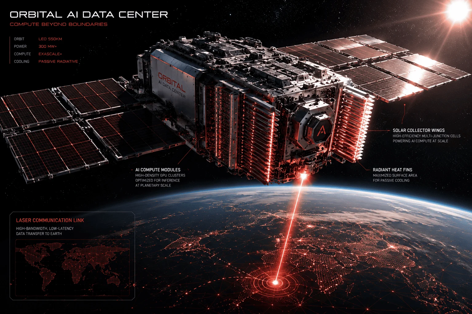 3D product design concept of an orbital AI compute satellite utilizing space solar collectors and vacuum radiator panels