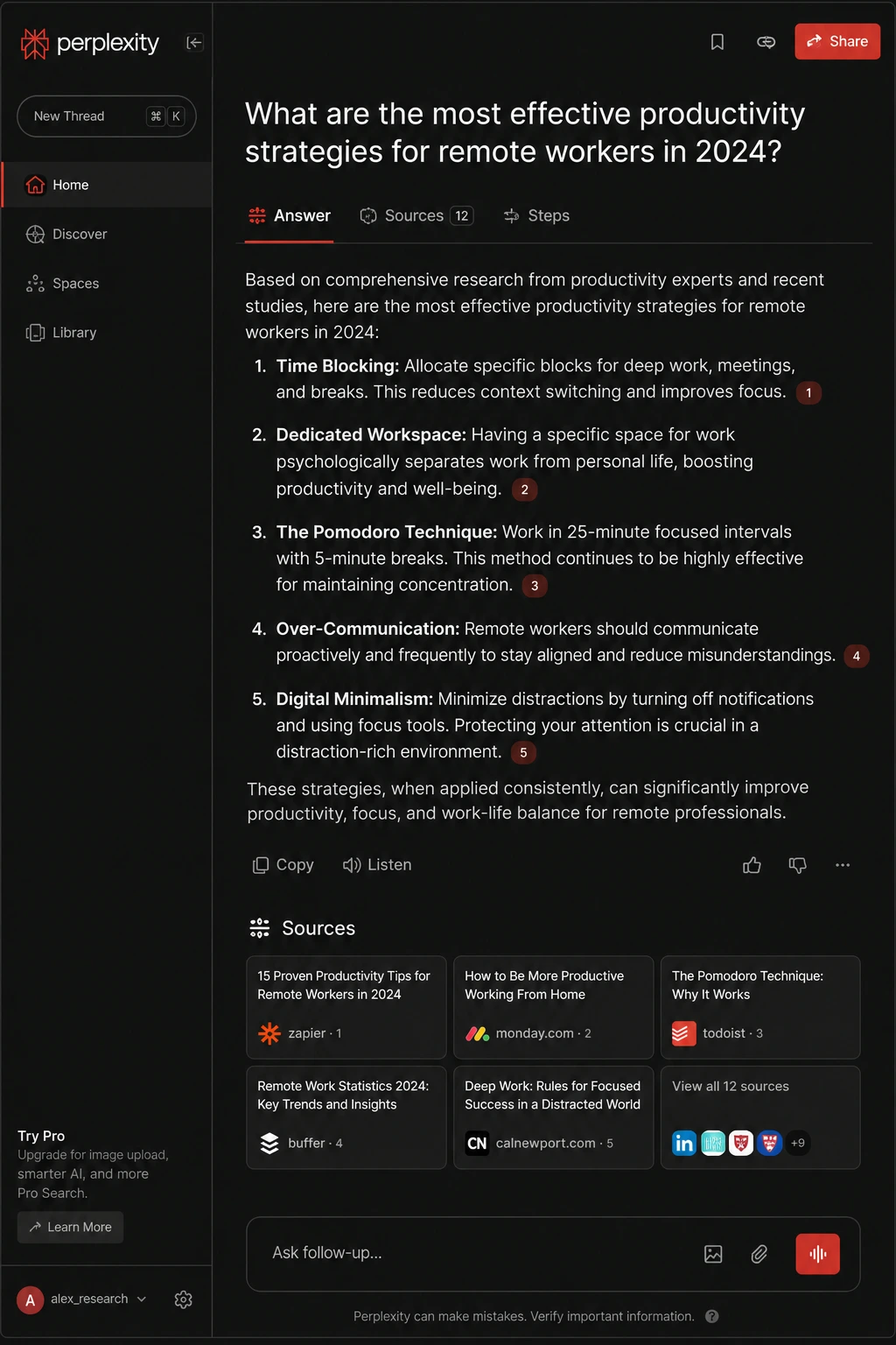 Perplexity AI 2026 interface showing research answer with cited web sources