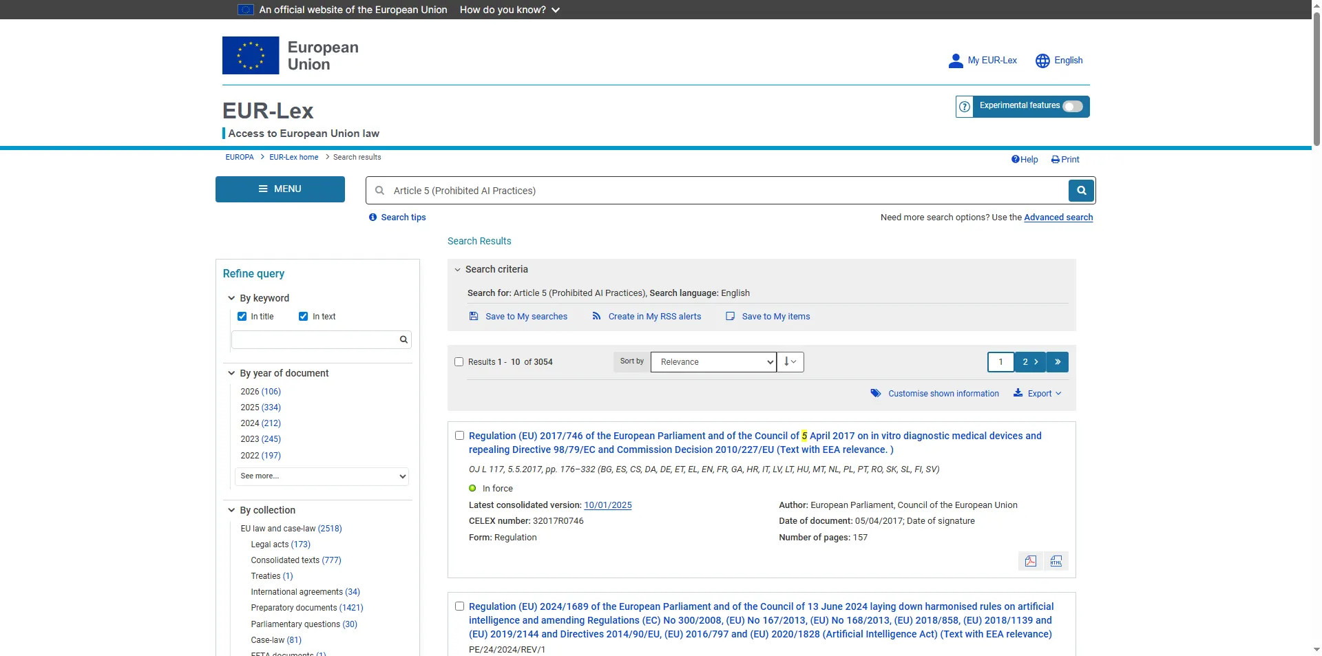 Screenshot of Article 5 of the EU AI Act on EUR-Lex showing the list of prohibited AI practices enforceable since February 2025