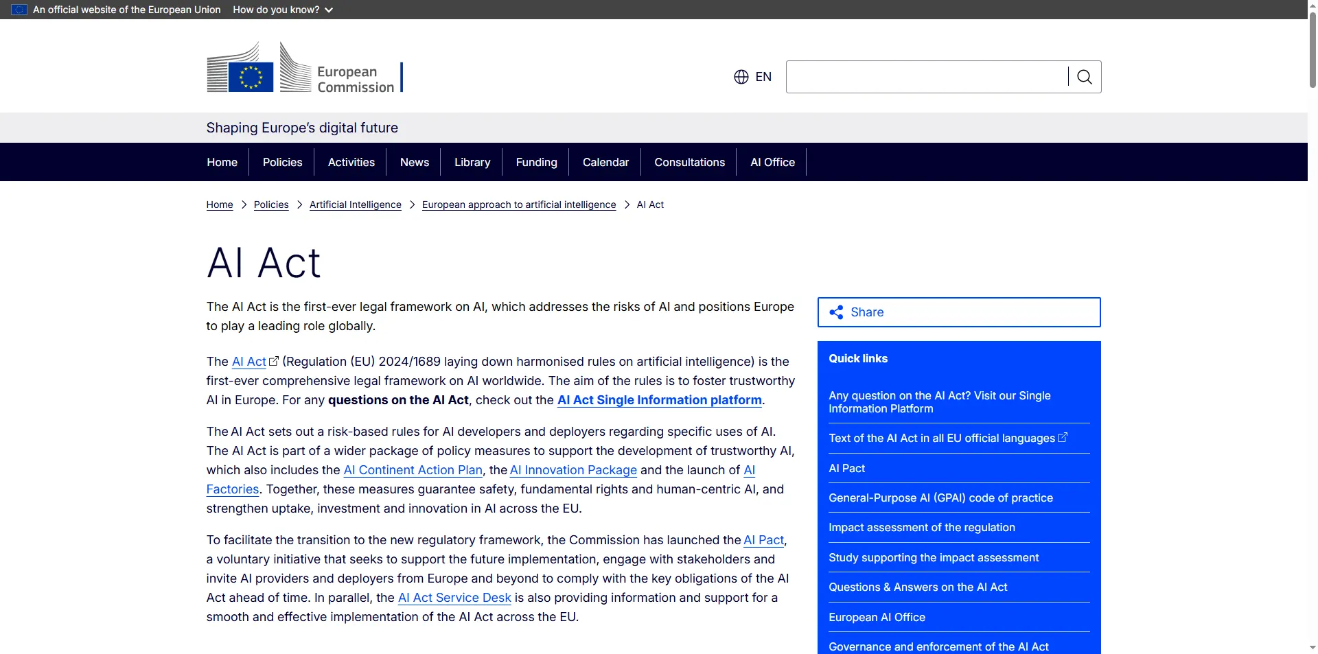 Screenshot of the European Commission's AI Act regulatory framework page showing compliance obligations and timeline