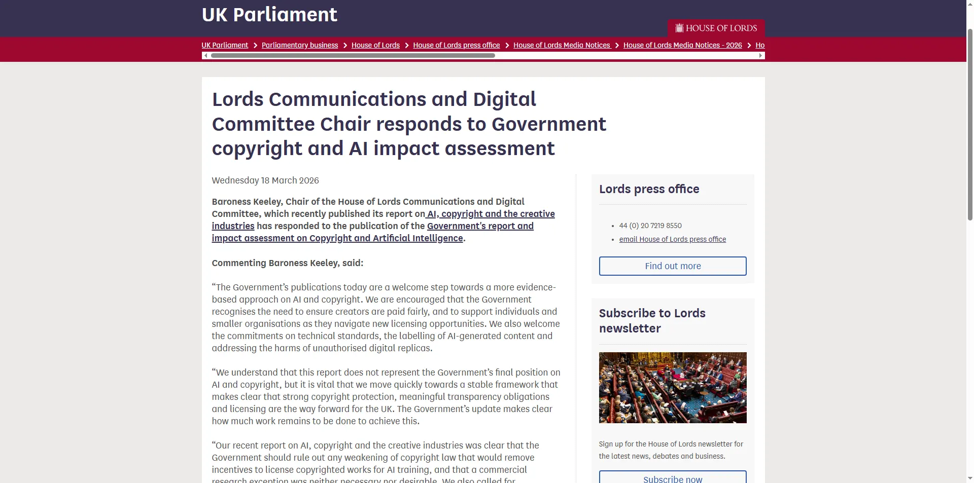 Screenshot of the UK Parliament website showing the House of Lords Digital and Communications Committee report on Copyright and AI from March 2026