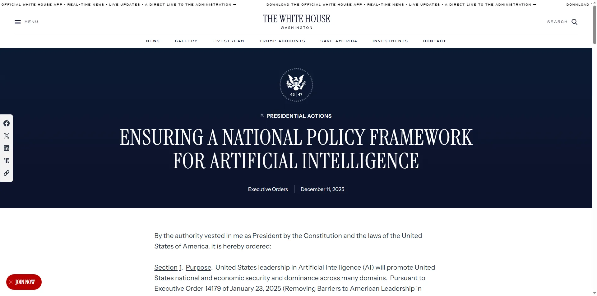 Screenshot of the White House press release for Executive Order 14365 on AI regulation signed December 11 2025