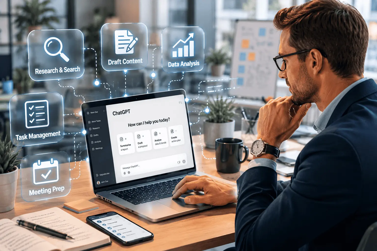 person using ChatGPT for work on laptop to write reports and emails