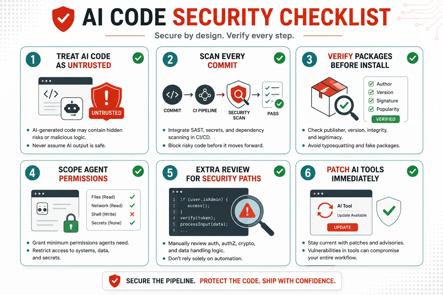A six-panel security checklist visual, each panel showing one mitigation as an actionable card