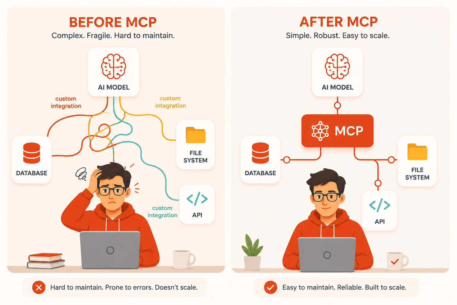 Before and after MCP showing messy custom AI integrations replaced by clean standardized Model Context Protocol connections