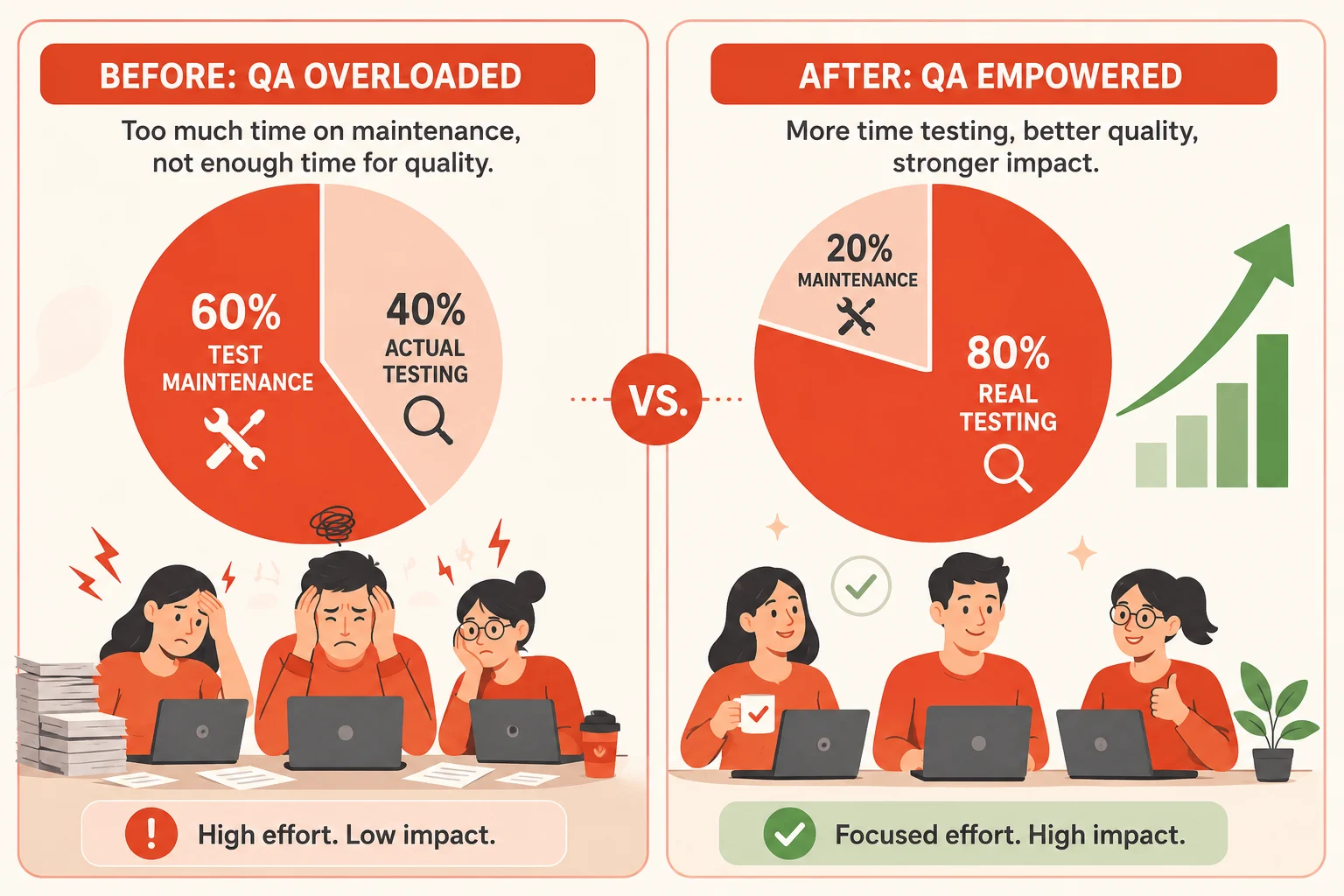 Before and after comparison showing QA team time shifting from 60 real testing after adopting AI powered testing tools