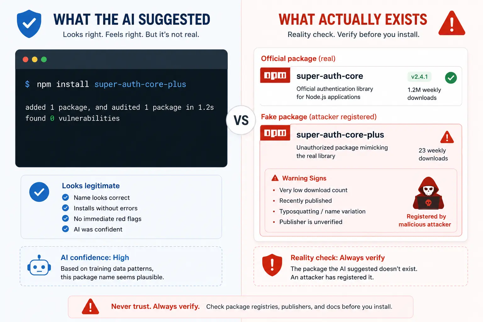 Before and after illustration comparing a hallucinated package name suggested by AI with the real package, showing how a slopsquatting attack works