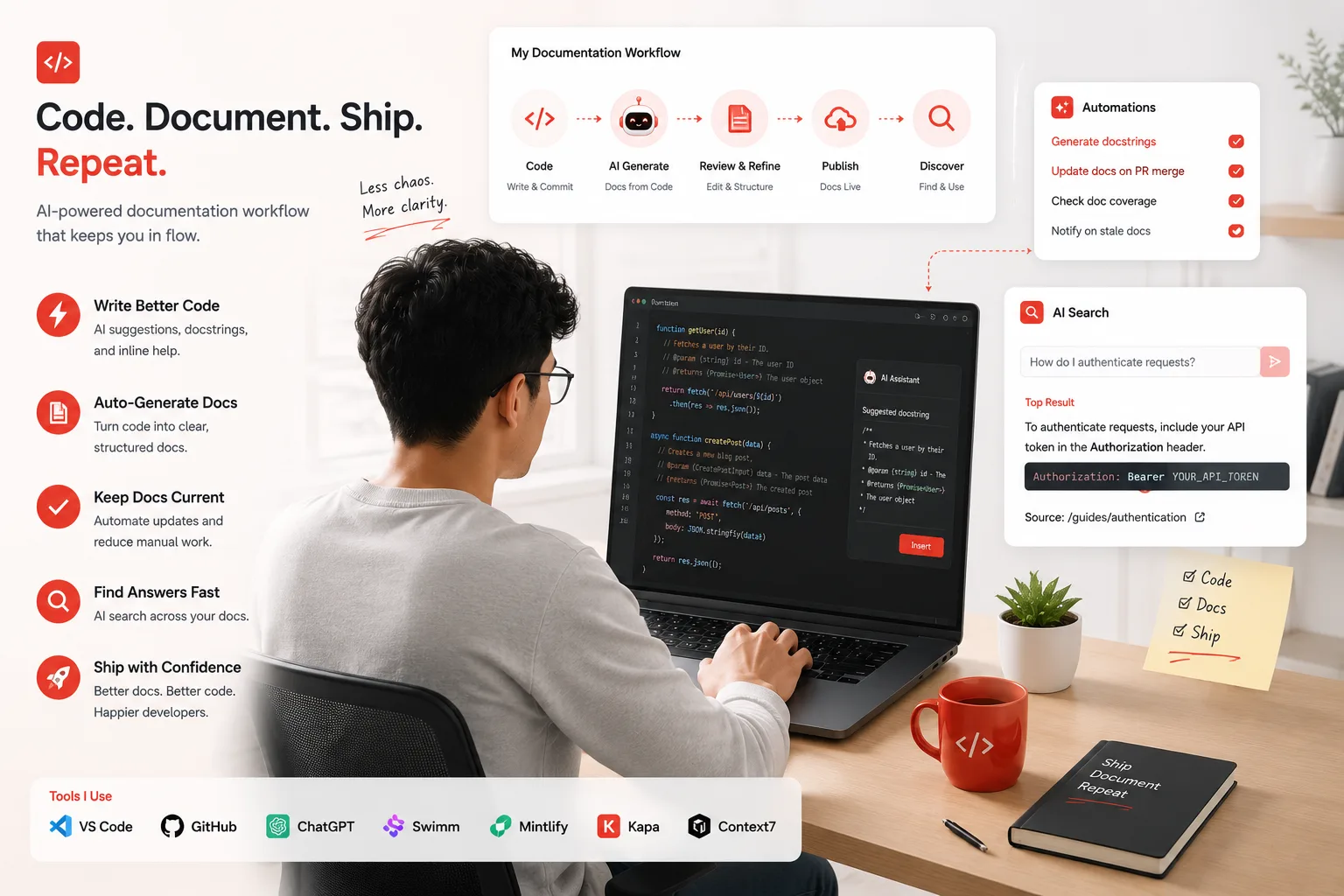 Before and after illustration showing a developer team's documentation environment before and after adopting AI documentation generation tools in 2026