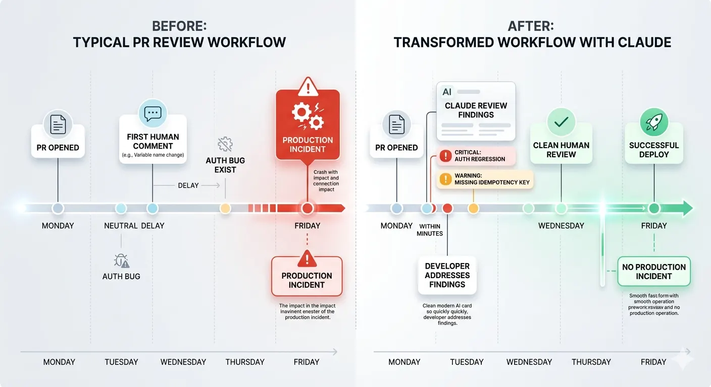 Before and after timeline comparing a PR review workflow without Claude Code review showing a production incident versus with Claude Code review catching the auth regression before merge