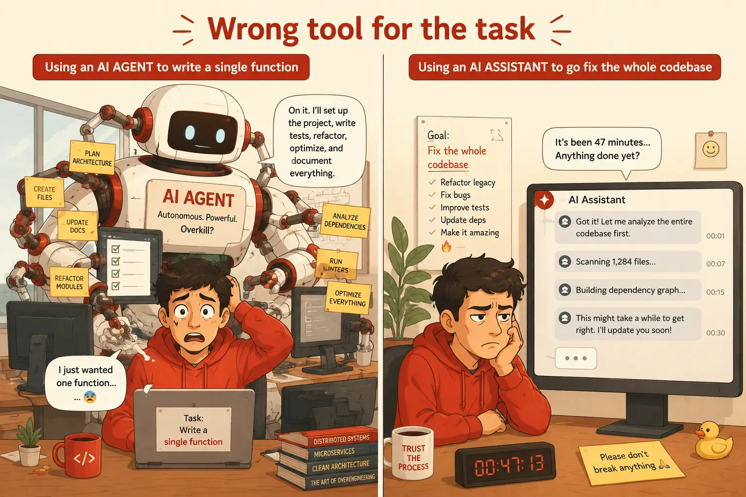 Common mistakes using AI coding agents and assistants for the wrong tasks