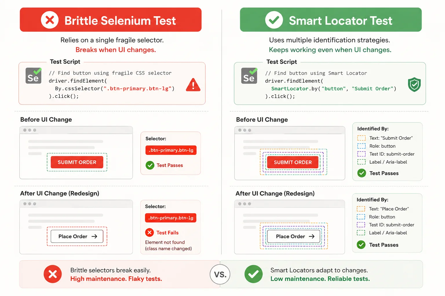 Comparison showing a brittle CSS selector test breaking after a UI change versus a Smart Locator test that self-heals and continues passing