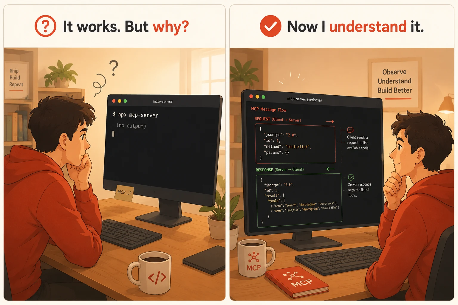 Developer confused by a working MCP server compared to developer confidently understanding MCP server message flow