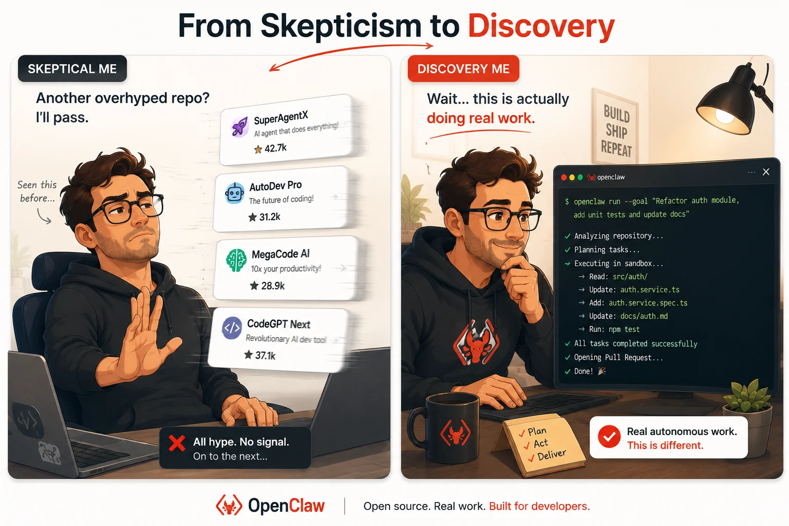 Developer moving from skepticism about another hyped GitHub project to genuine engagement with OpenClaw's autonomous agent capabilities