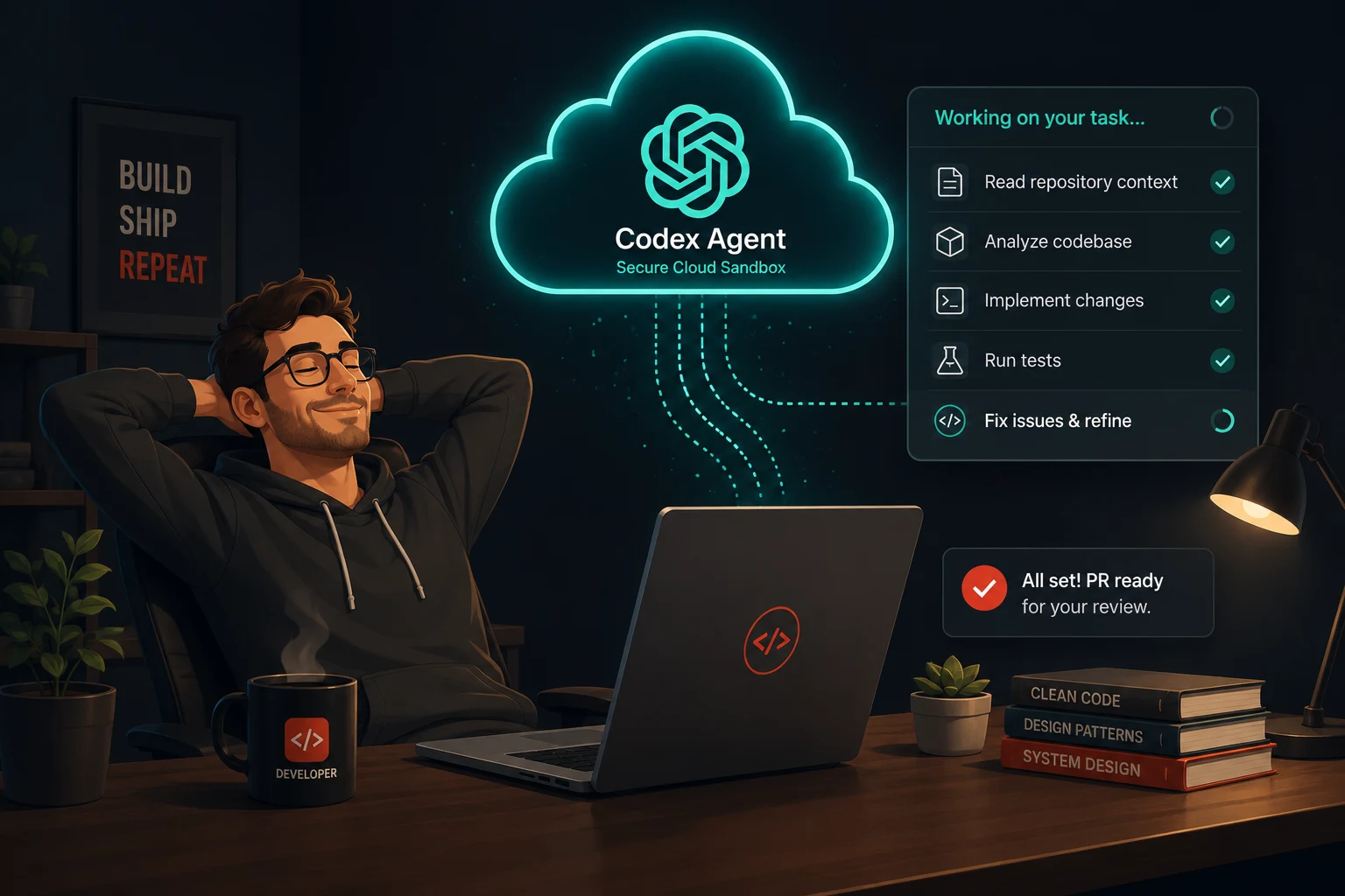 Developer relaxing while OpenAI Codex agent completes a multi-step coding task asynchronously in the cloud