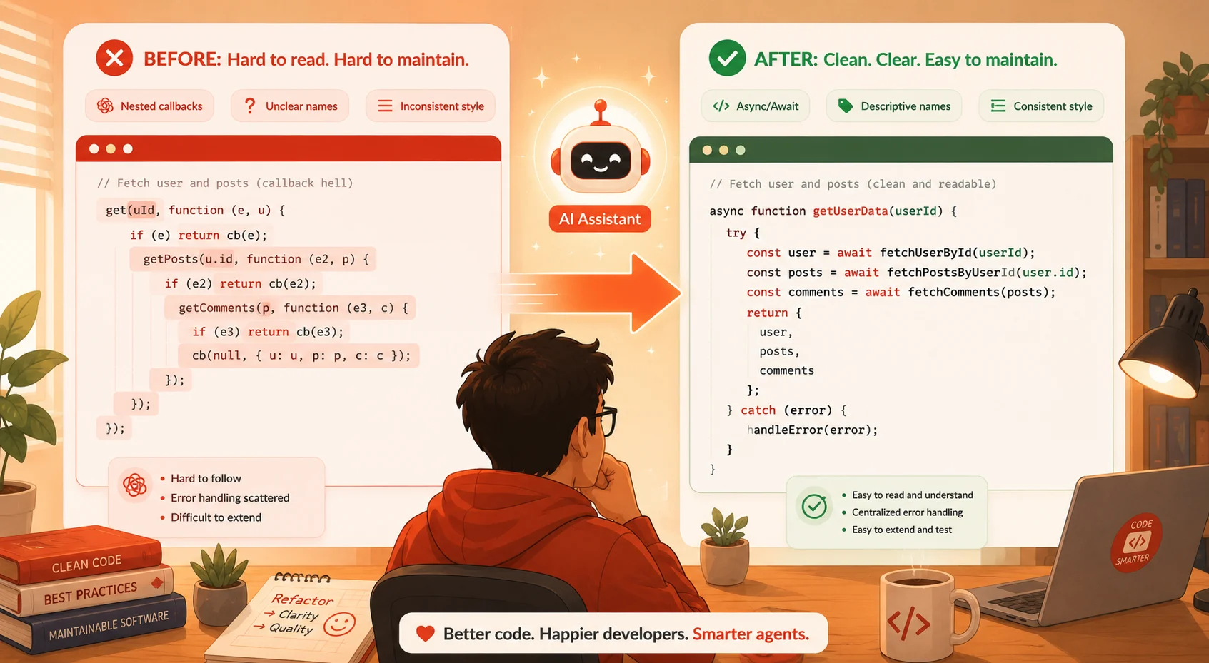 Developer reviewing AI-refactored code comparing messy callback-heavy original to clean async await version