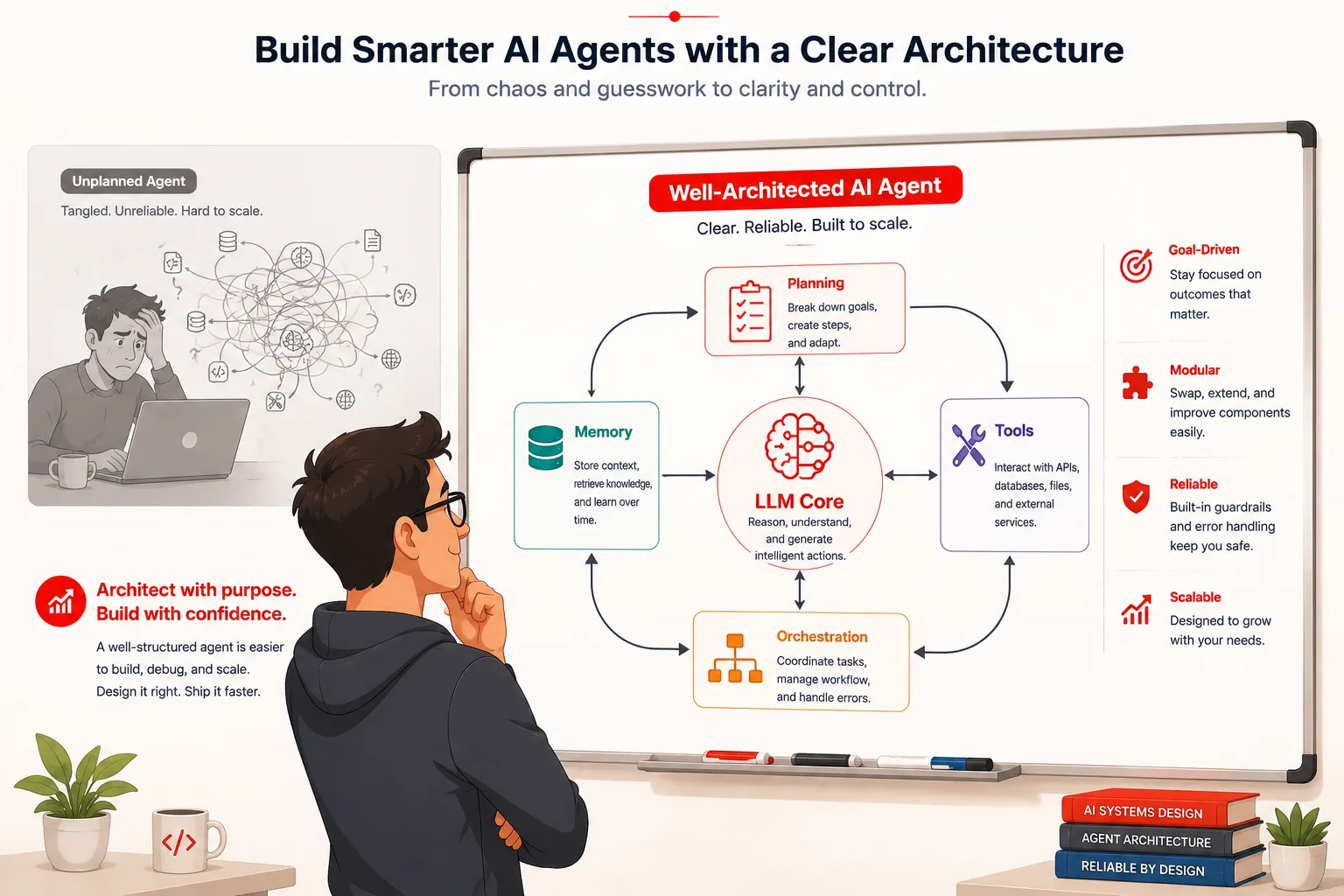Developer reviewing a clean AI agent architecture diagram on a whiteboard contrasted with a messy unarchitected agent system