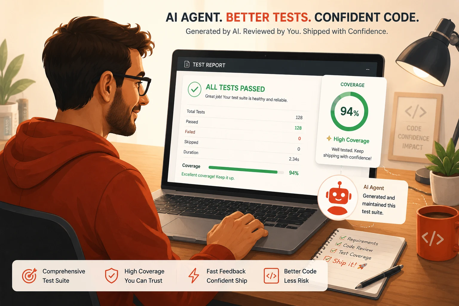 Developer reviewing a successful AI-generated test report showing 94 percent code coverage