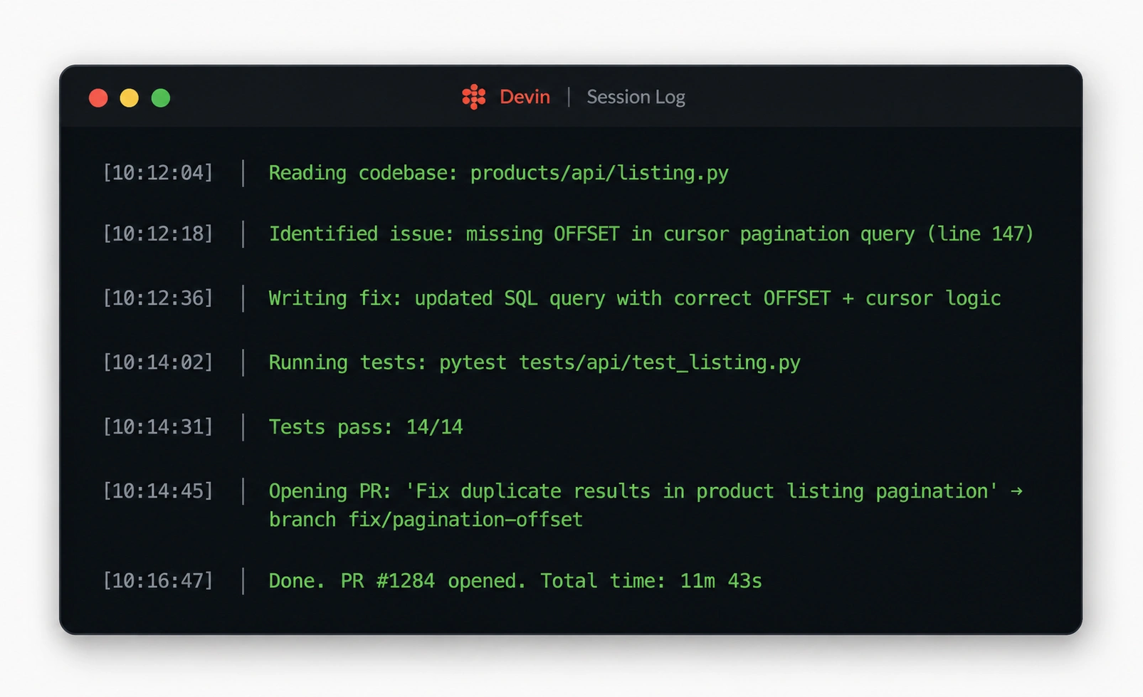 Devin AI terminal session log showing the autonomous agent reading the codebase, identifying the pagination bug, writing the fix, running tests, and opening a pull request in under 12 minutes