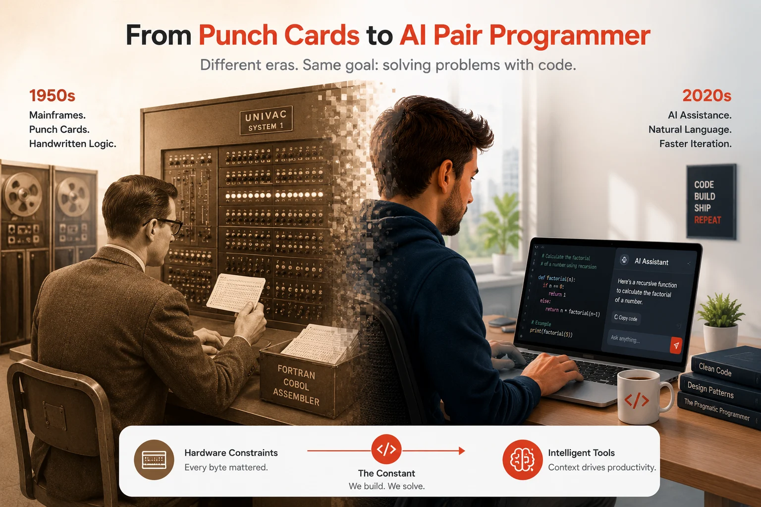 Early 1950s programmer at a mainframe contrasted with a modern developer using AI coding tools