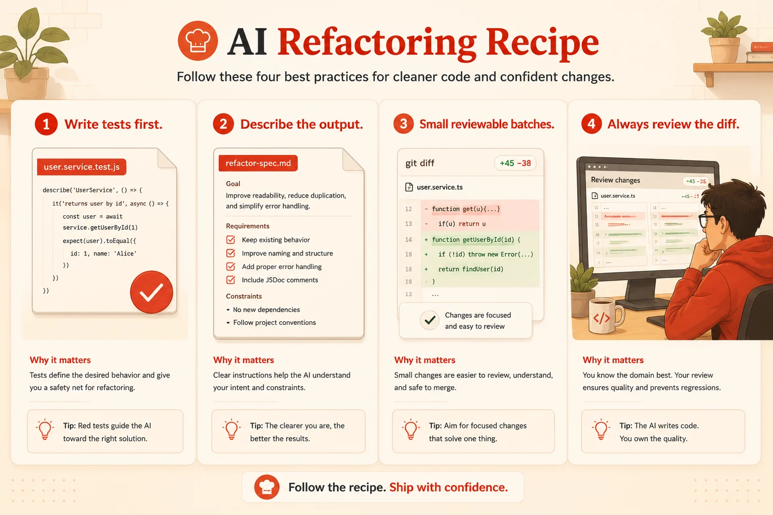 Four best practices for AI-assisted code refactoring write tests first, describe output clearly, use small batches, review every diff