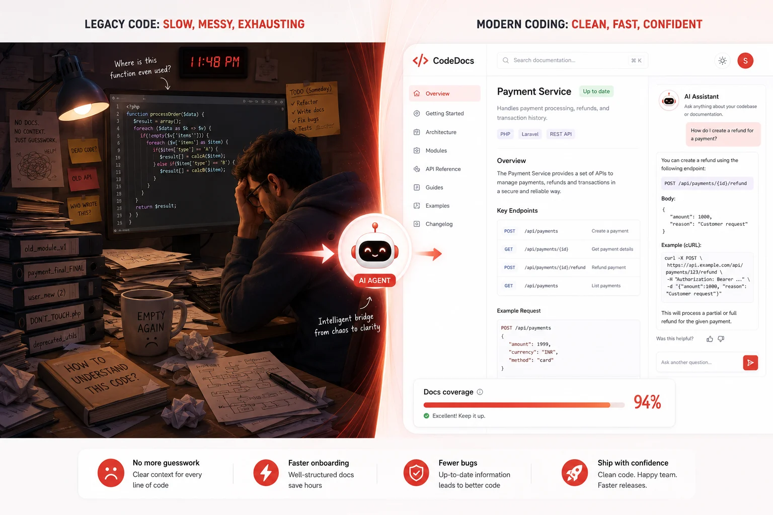 Illustration of developer surrounded by outdated documentation chaos being resolved by an AI documentation generation tool showing 94 percent coverage