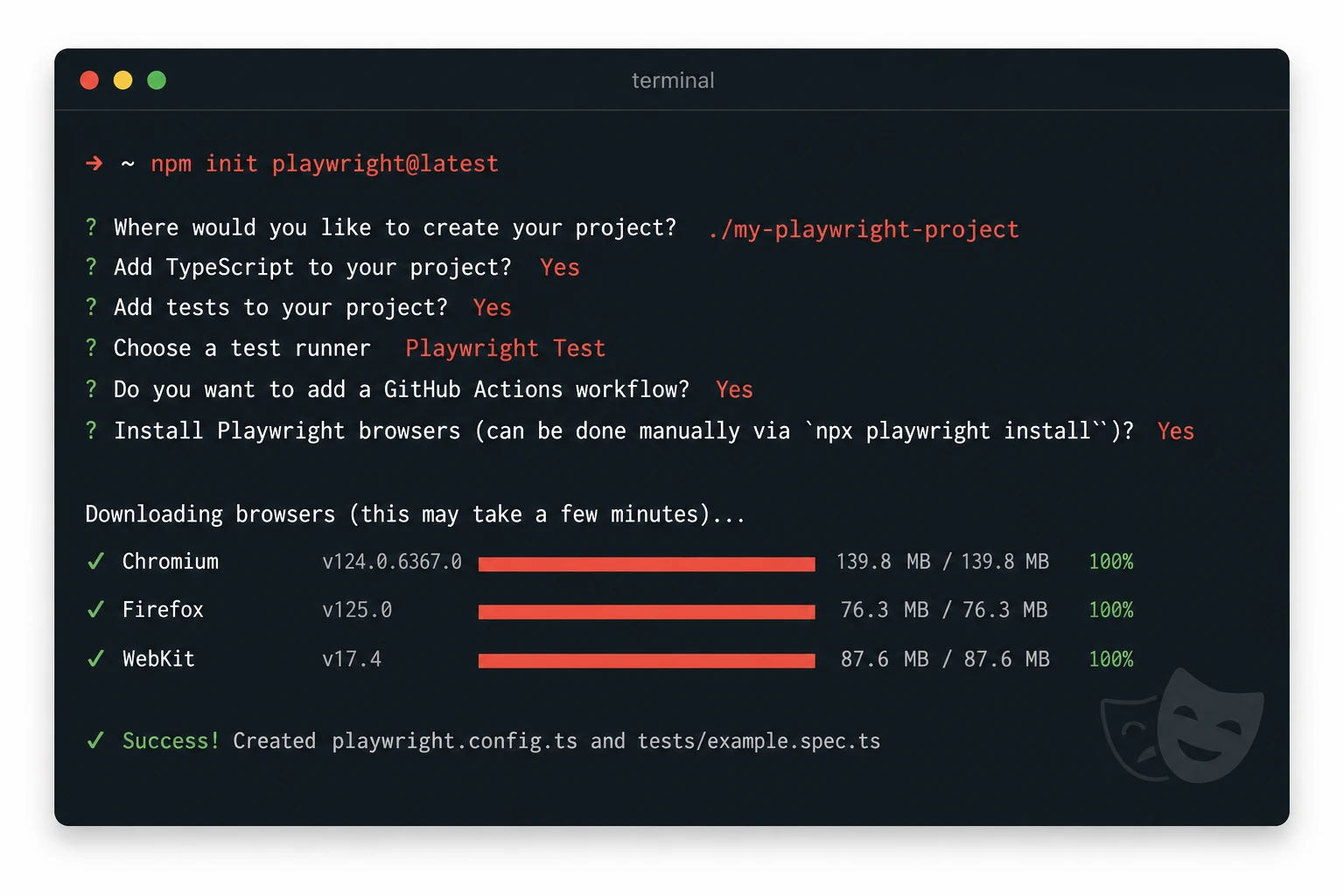 Terminal screenshot showing the Playwright install process via npm init playwright@latest with interactive prompts answered and all three browser binaries downloading successfully